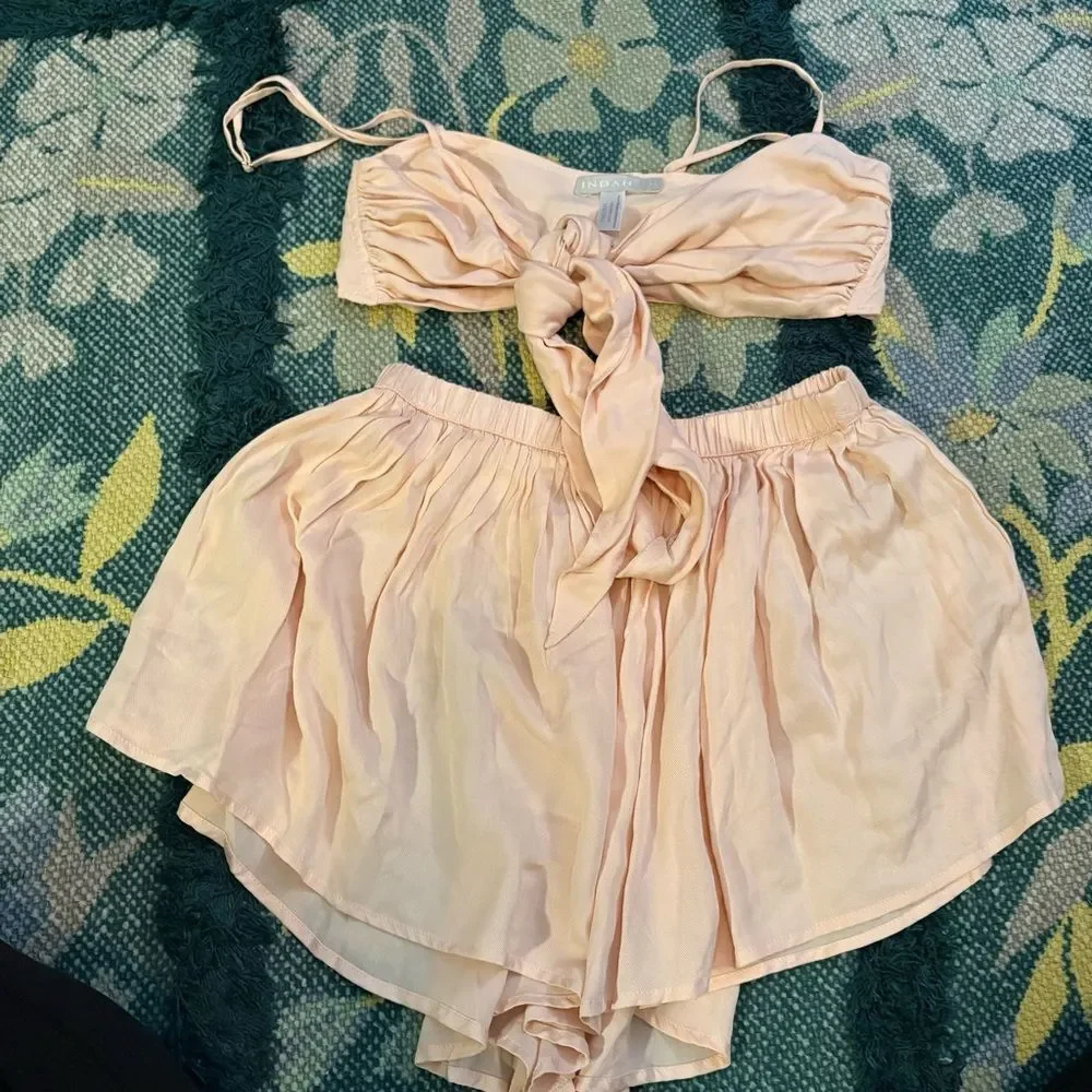 Indah Pajama Set-Blush Pink-Shorts and Tie Bralette Top Size Medium 100% viscose